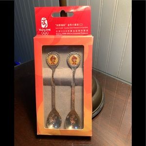 NIB Beijing Olympics 2008 Fuwa Bei Bei Silver Metal Child Spoon Set/2 Authentic